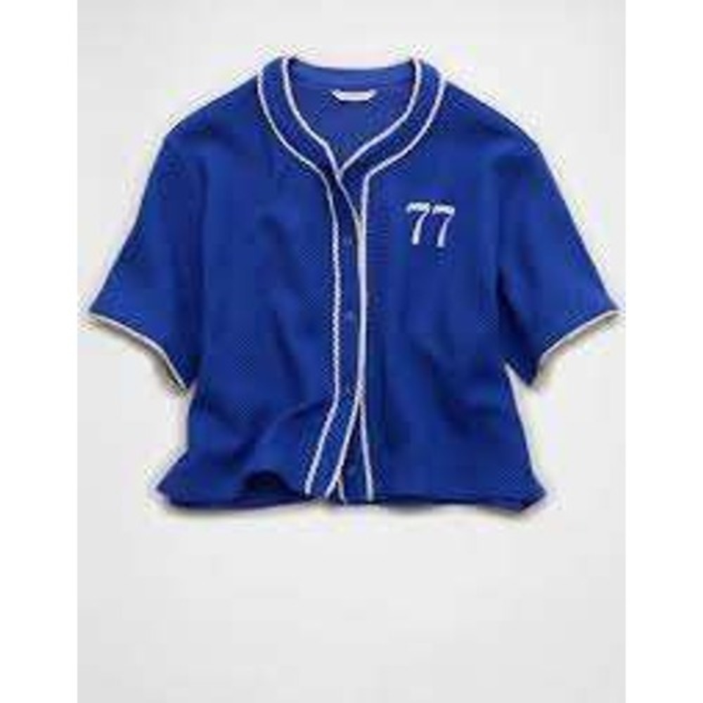 American Eagle Baseball Jersey Top S Blue NWT Crochet Lace 77 Sporty Gorpcore
